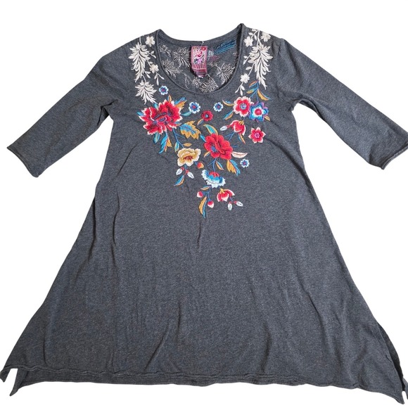 Johnny Was Tops - JWLA Johnny Was Embroidered Tunic Dress Small Gray Floral Boho Swing 3/4 Sleeve